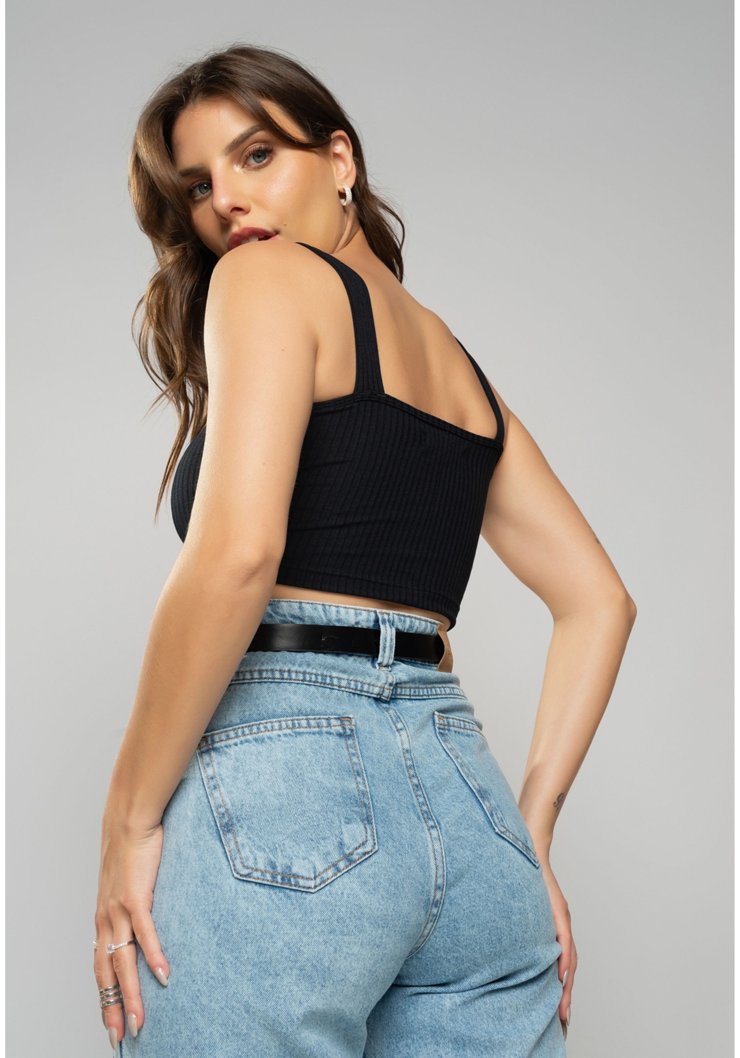 Cropped Salvatore Top Faixa Comfy Malha Canelada Preto - salvatore