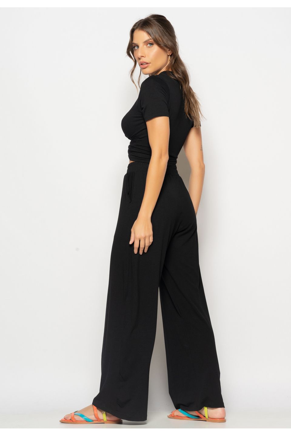 Conjunto cropped bojo e calça wide leg elástico preto – Lavinny Store