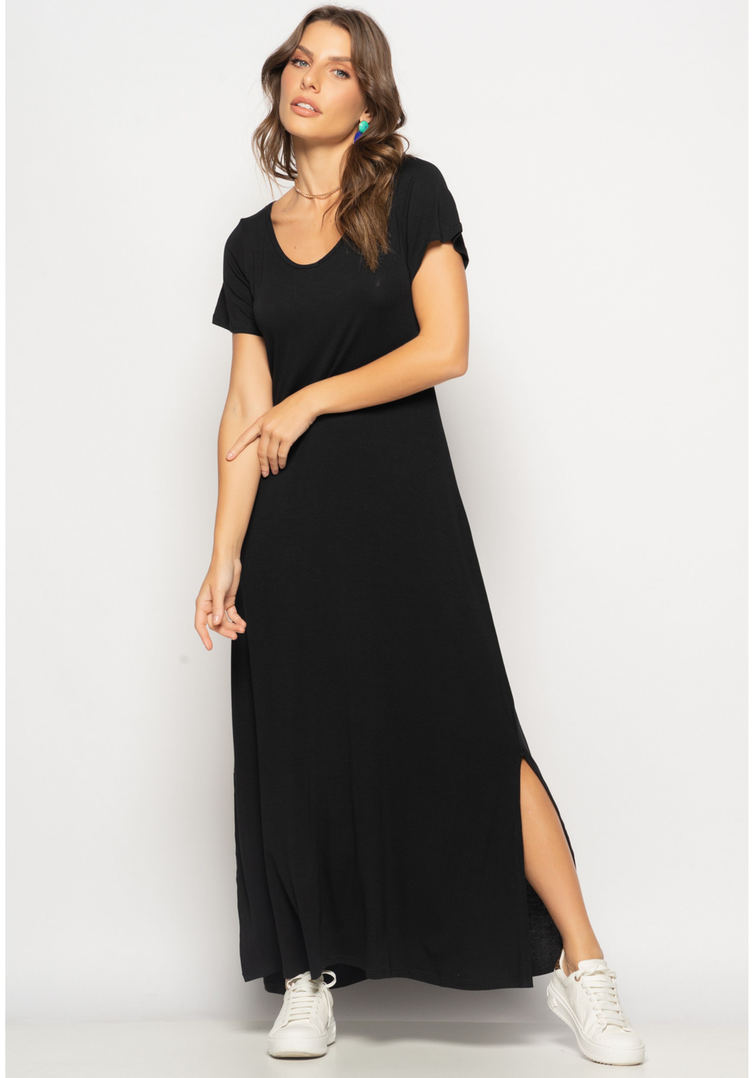 Vestido Longo Manga Curta Malha Preto Salvatore Fashion P