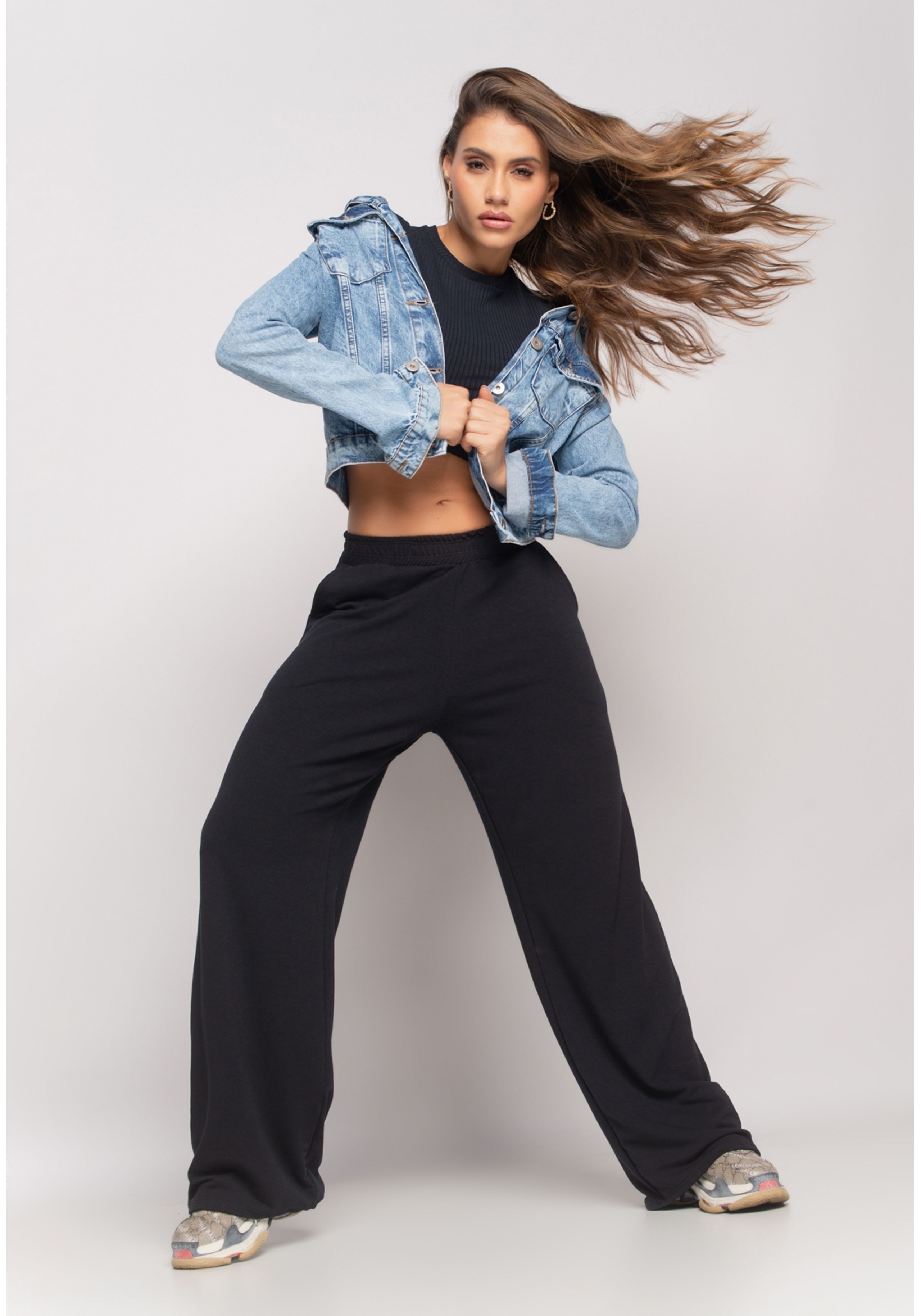 Calça Wide Leg Com Bolso Moletinho Salvatore Preto - salvatore