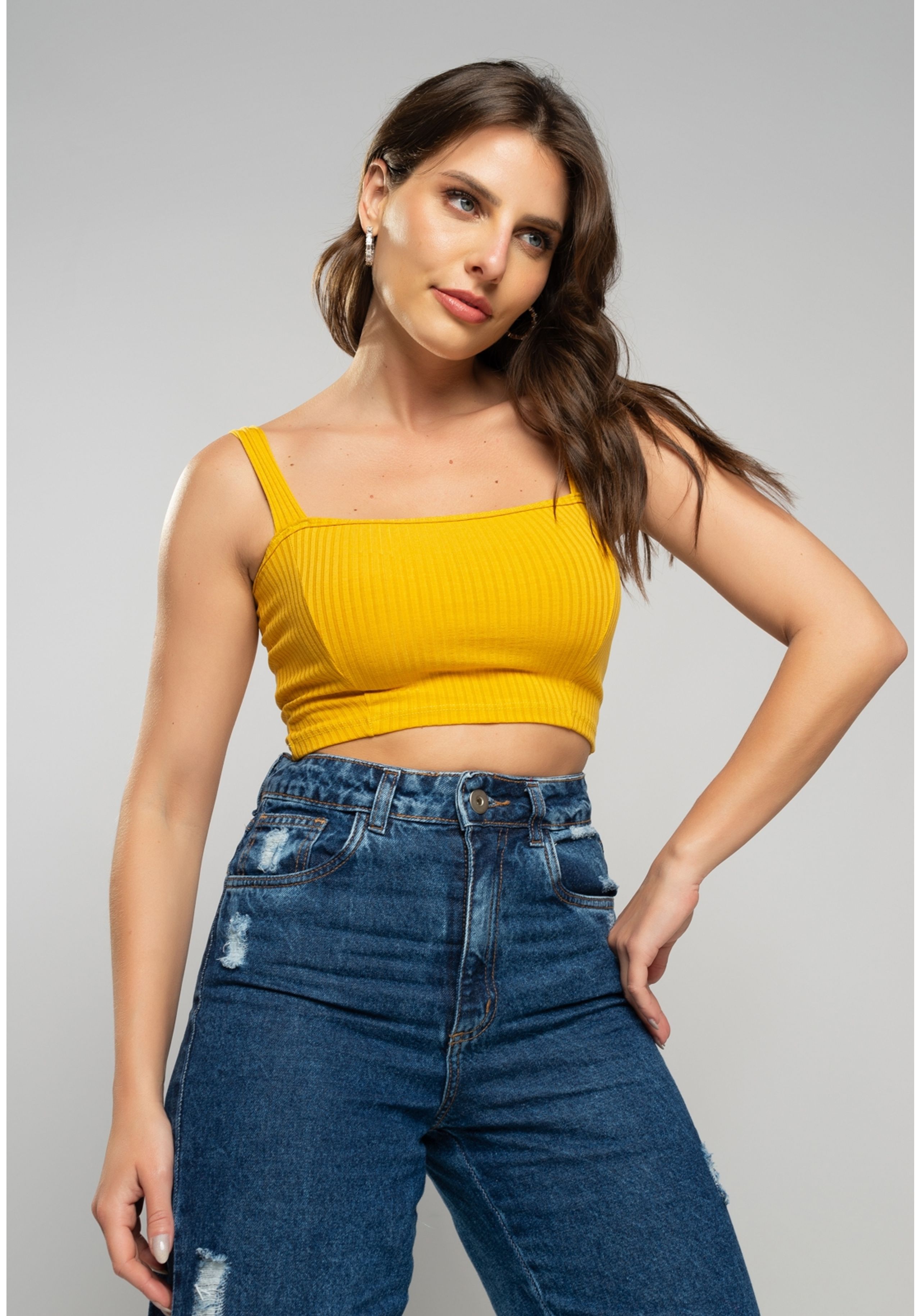 Cropped Salvatore Top Faixa Comfy Malha Canelada Mostarda - salvatore