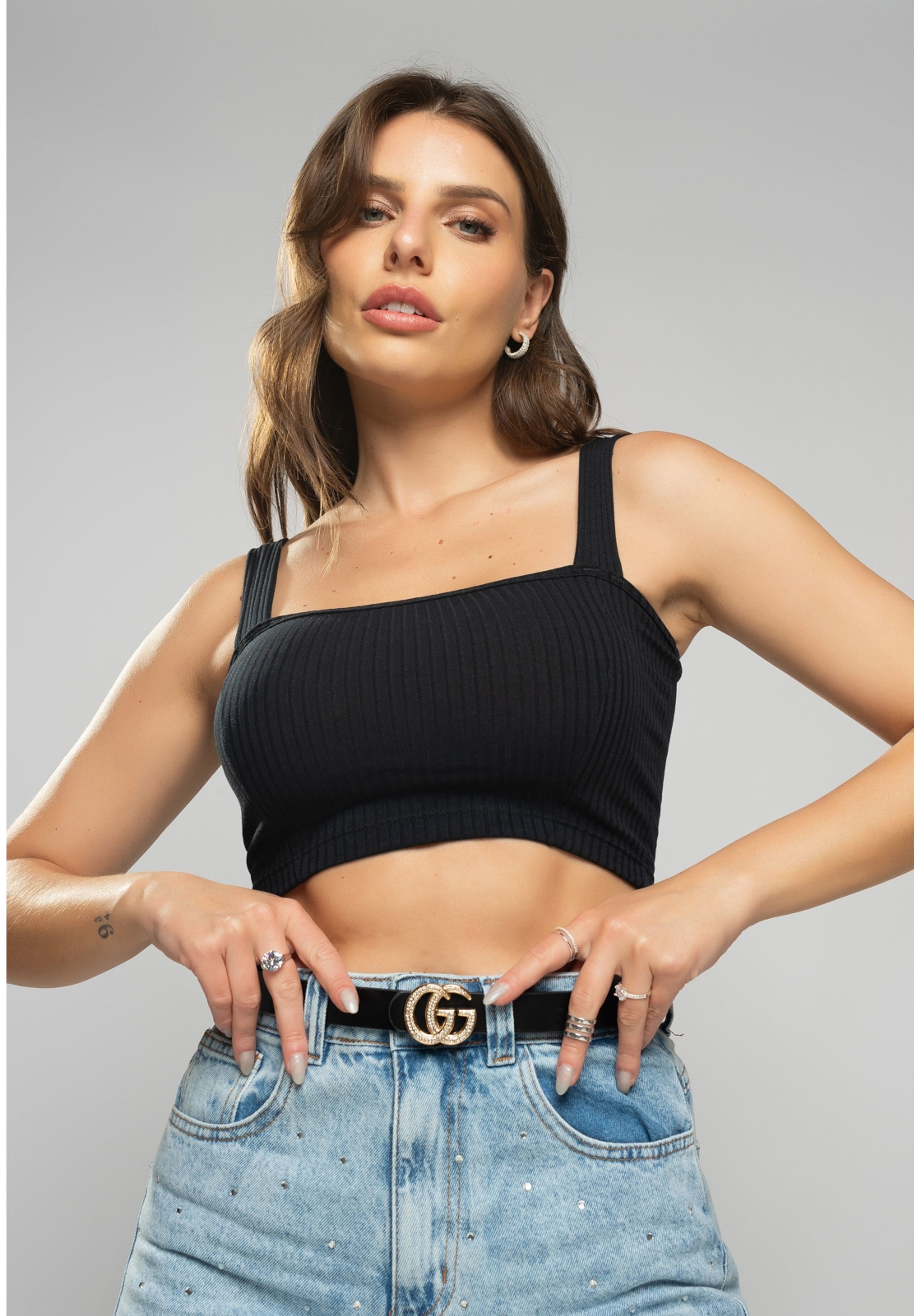 Cropped Salvatore Top Faixa Comfy Malha Canelada Preto - salvatore