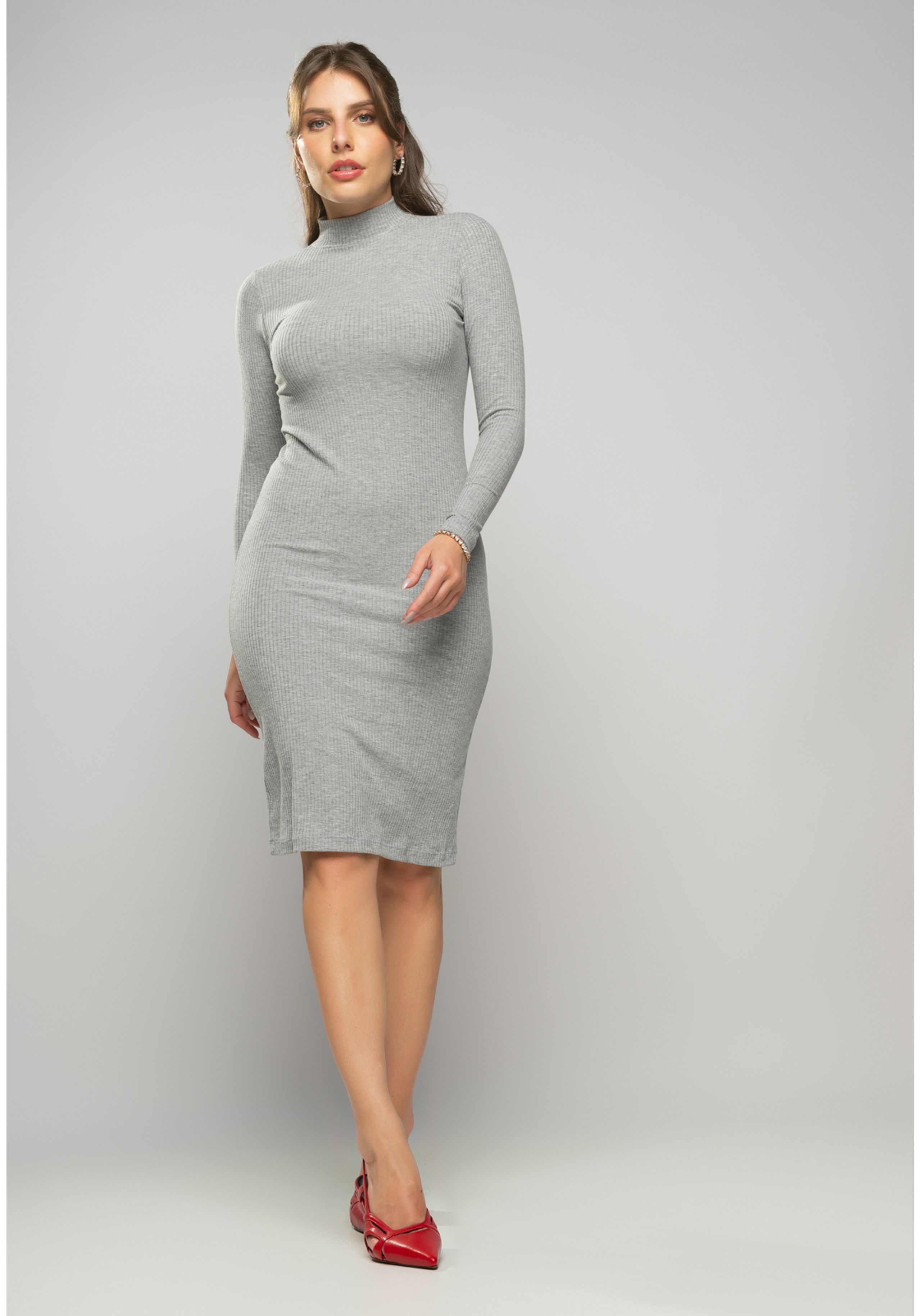 Vestido Salvatore Midi Manga Longa Canelado Mescla - salvatore