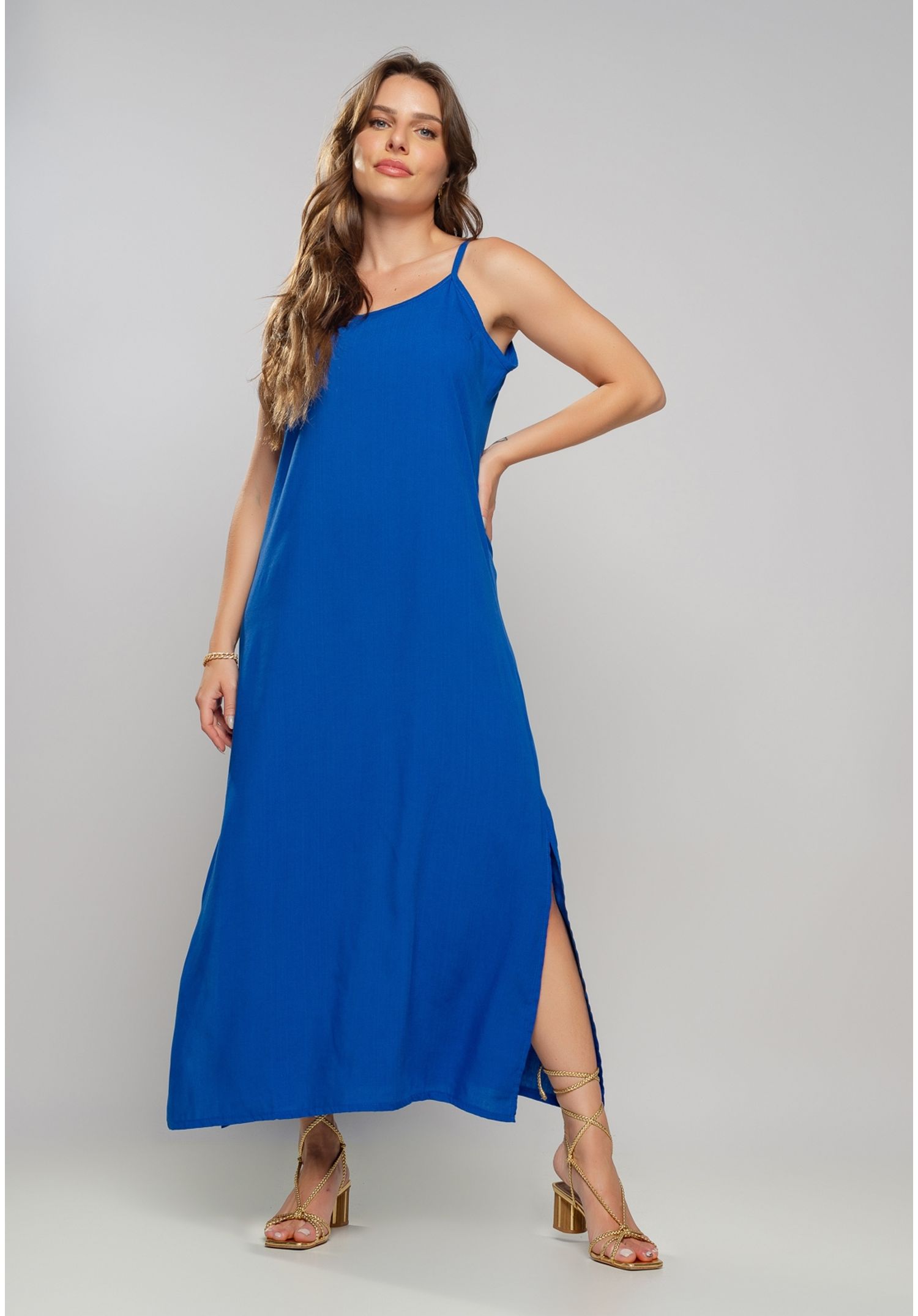 Vestido Longo Viscolinho Fenda Salvatore Fashion Azul - Salvatore